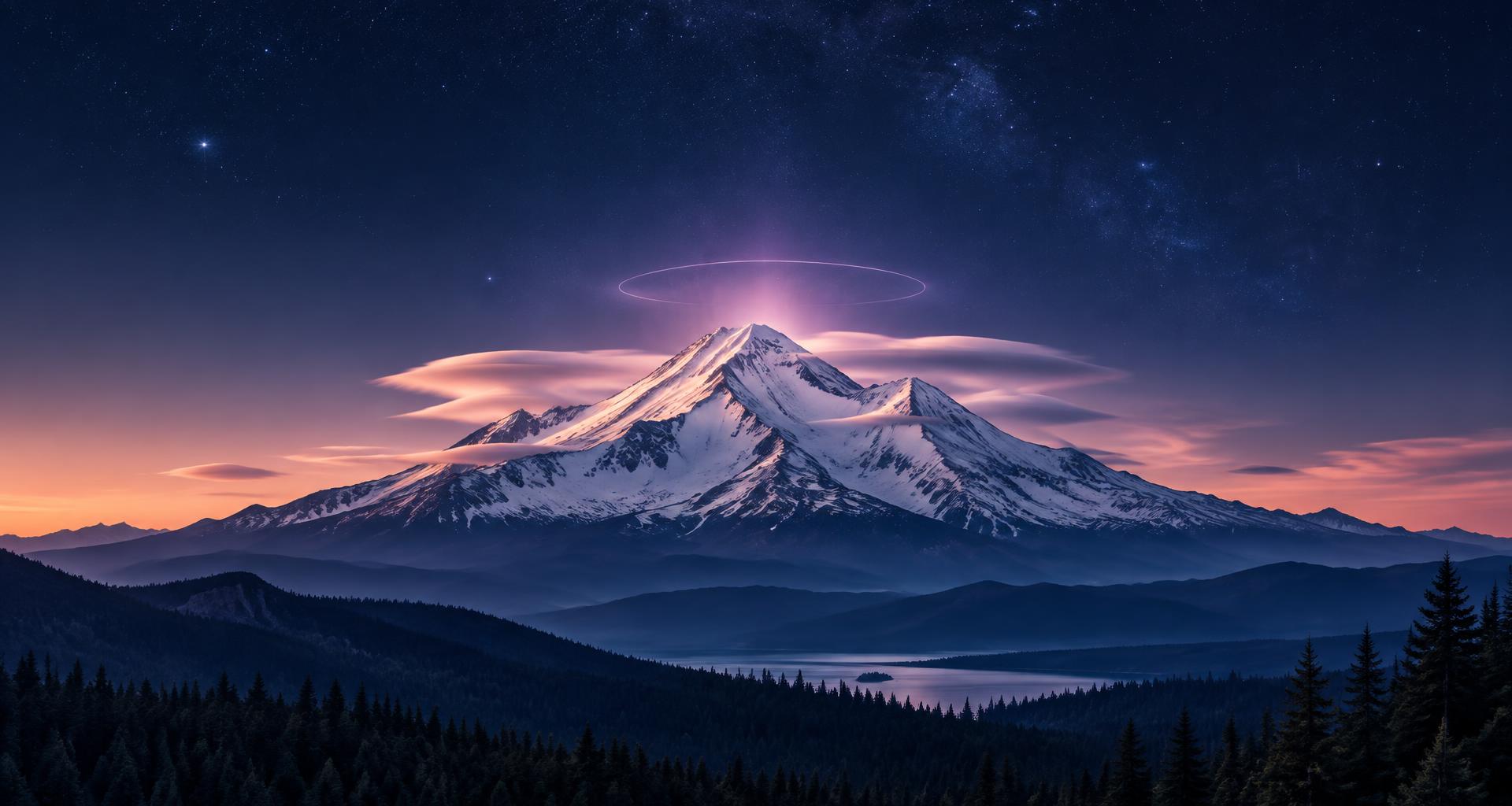 Ilustración provisional de una montaña nevada bajo un cielo violeta; no es una fotografía del itinerario.